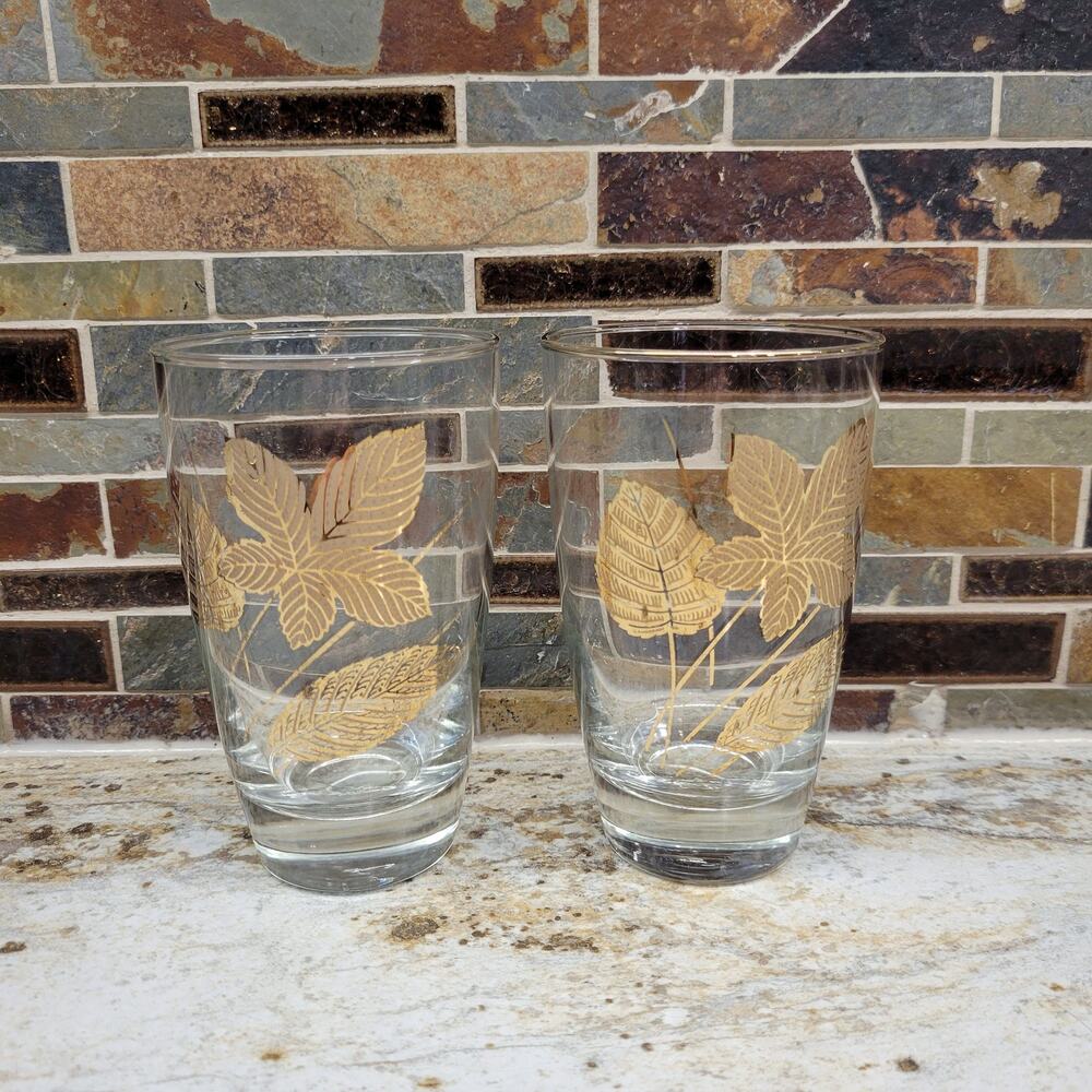 2 Vintage Gold Leaf Glass Tumblers, Flat Bottom 5-1/4" tall 14 oz, Mid Century
